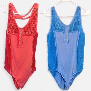 Bundle of 2 POL Clothing Lace Trim Henley Bodysuits - Size Large